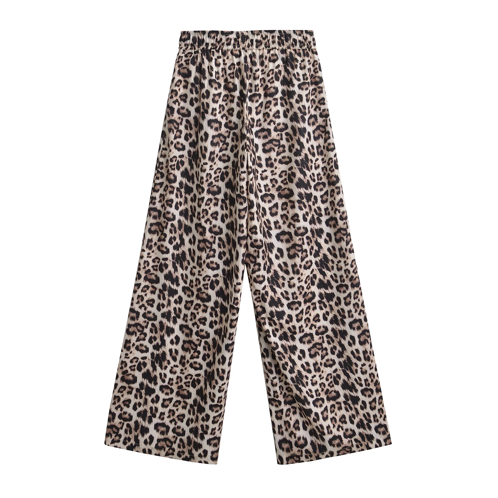 TRAF Leopard Printed Faux Linen Women Wide Leg Pants Pockets Side Elastic High Waisted Pant Y2K 2024 Autumn Trousers 8018403