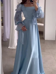 Women Eid Muslim Party Dress Sweet Puff Sleeve Long Dress Square Collar Vestidos Largo Ramadan Abayas Dubai Arab Long Robe 2024