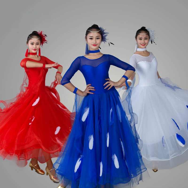 

New Arrival Feather Ballroom Dance Dress for Woman Sexy Tulle Long Sleeves Waltz Tango Dance Dresses Standard Dress Performance