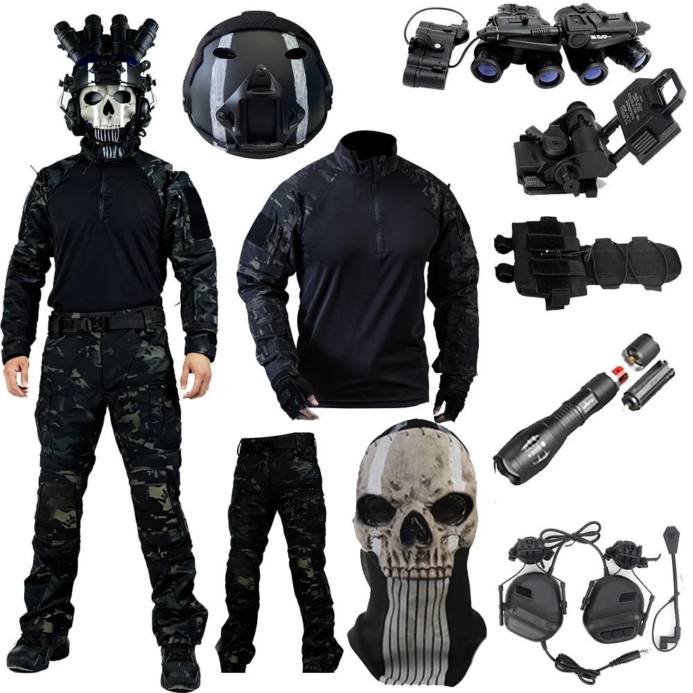 

Airsoft Special Operation Uniforms Helmet Set With Cod Ghost Skull Mask Nvg Model Communication Headset Flashlight For Paintball