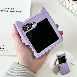 Lovely Cat Ear Cover For Samsung Galaxy Z Flip 6 Luxury Leather Case Bumper For Samsung Z Flip 5 flip 7 4 Cute Pure Color Cases