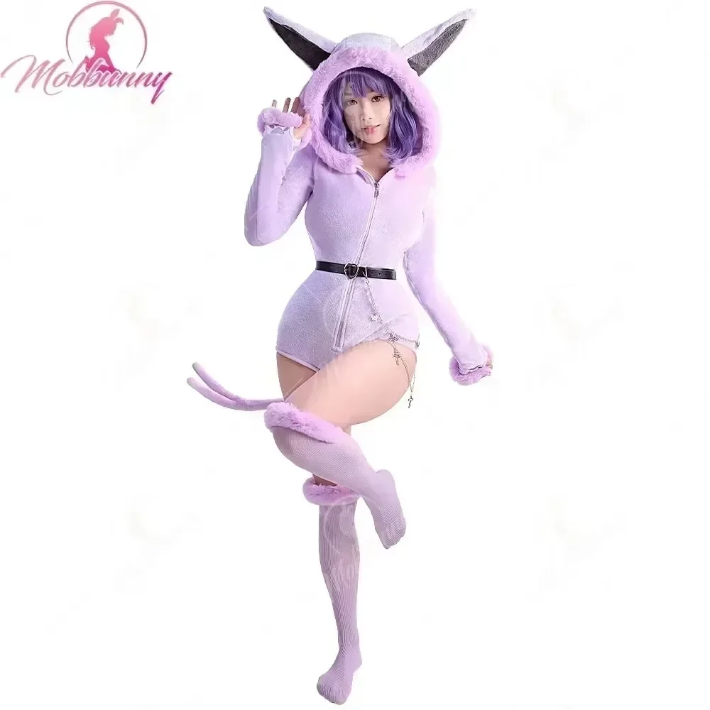 MOBBUNNY Espeon Cosplay Costume Women Hooded Bodysuit Tail Socks Suit Cute Cartoon Flannel Pajamas Bunny Girl Plush Jumpsuit