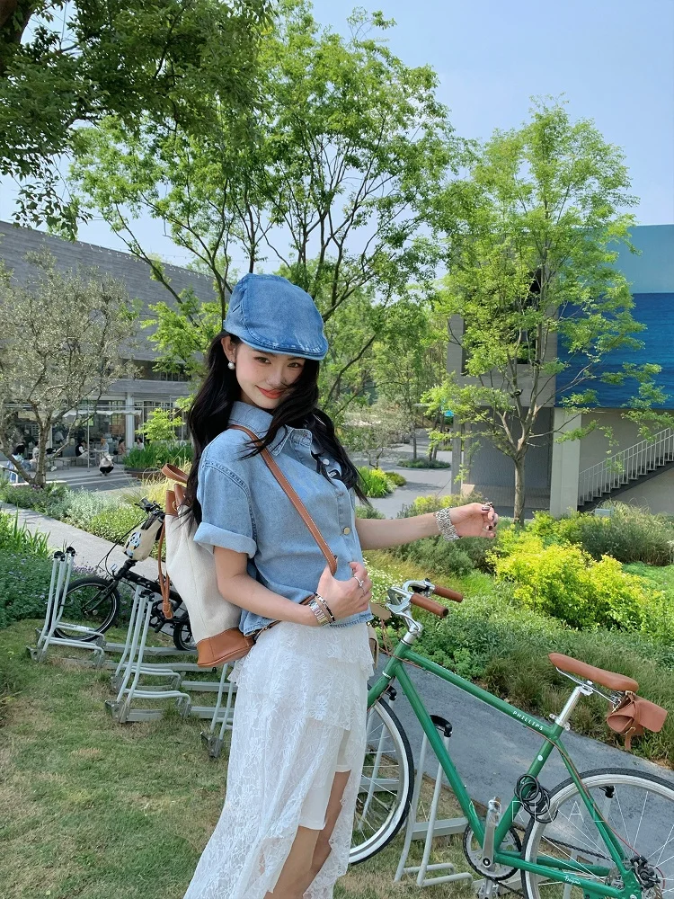 

Blue ort Sve Denim irt Women's Casual Loose Fit Summer Faion Bubble Yang Sli Slimming Top for Young Women