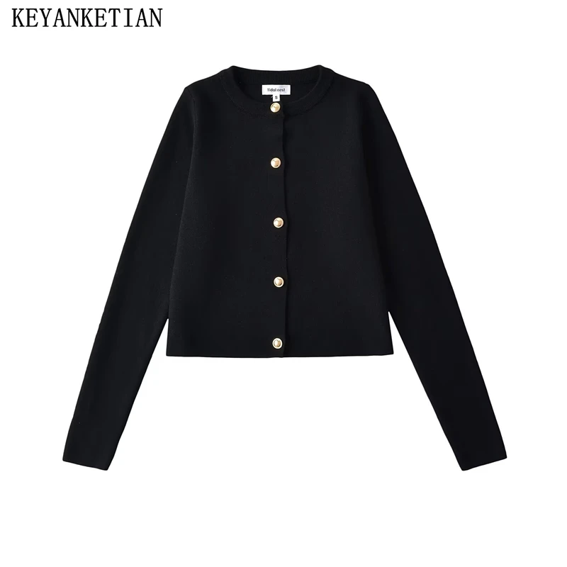 KEYANKETIAN 2024 Autumn/Winter New Women's Black Cropped Knit Cardigans Simple style O-Neck Single Breasted Slim Sweater Top