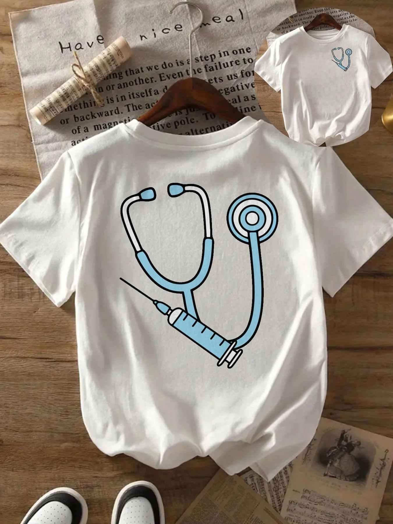 Women'S Casual Sleeve T-Shirt with Stethoscope Syringe Print Comfortable Classic Design White Everyday Wear Aesthetic Clothes