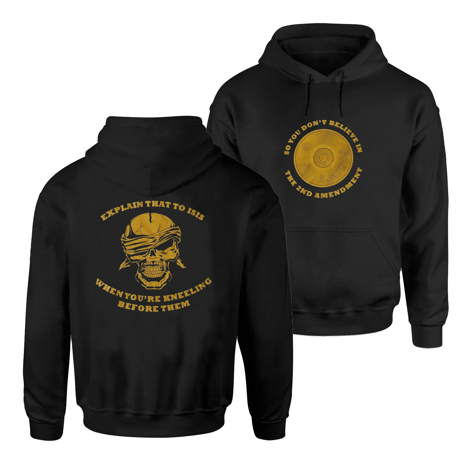 

Novelty 5.56 Bullet Cartridge Bottom Blindfolded Skull 2nd Amendment Pullover Hoodie 100% Cotton Casual Mens Clothing Streetwear