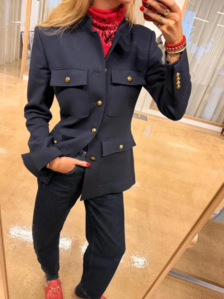 

Fashion Stand Collar Military Jacket Women Fashion Full Sleeve Single Breasted V-neck Short Jackets 2026 Spring Street Coat