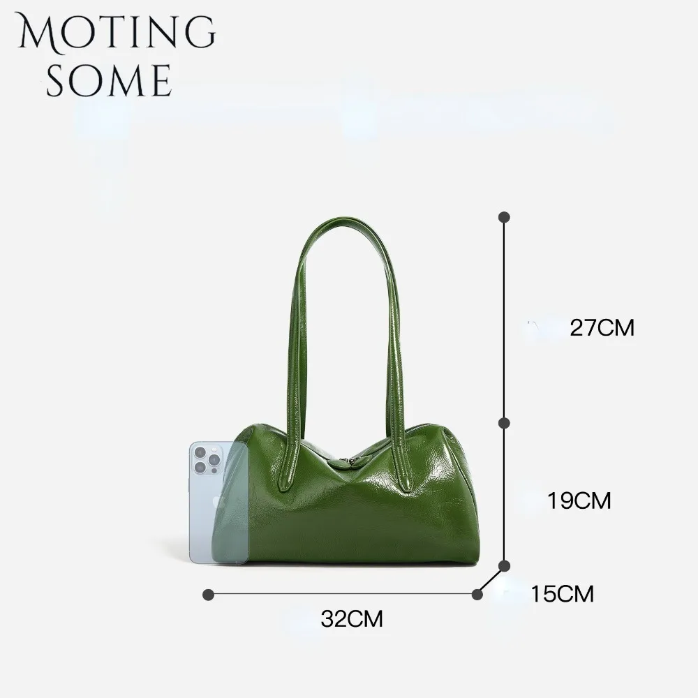 Motingsome Green Bags Retro Women Bag Luxury Oil Wax Cowhide Leather Handbag Vintage Boston Pillow Purses Lady Daily Purses 2024