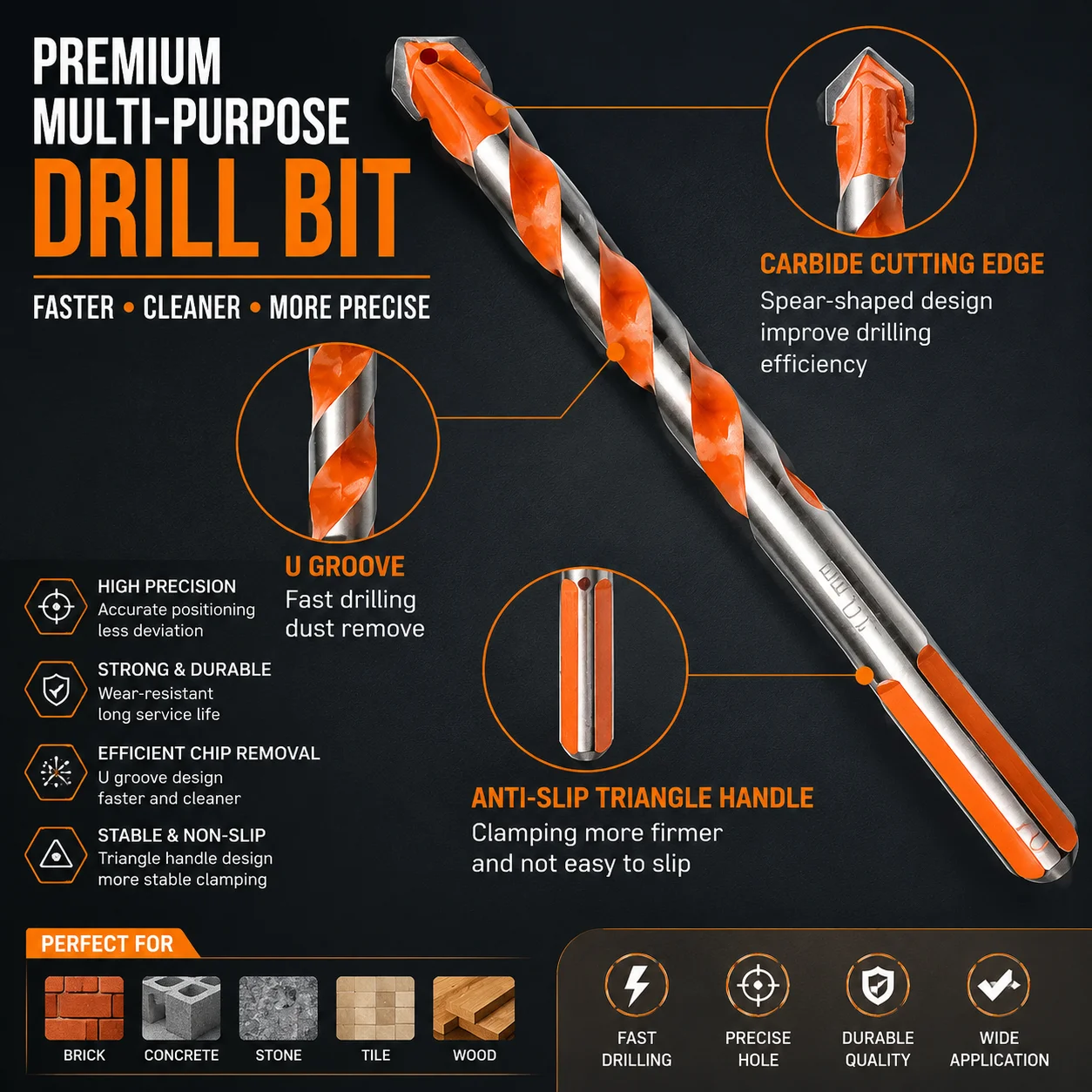 

1/4Pcs Orange Triangle Drill Bits Set 6-12mm, Multifunctional King Drill Bits for Tile Concrete Glass Drilling