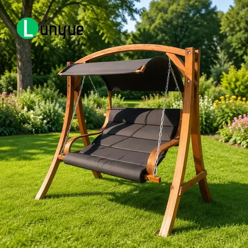 Ash Wood Outdoor Swing Seat with Cream Canopy for Garden Backyard Poolside Patio Durable Comfortable Relaxing Furniture