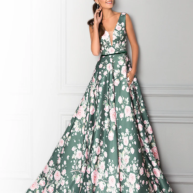 Elegante decote em v boêmio grande balanço vestido feminino moda oco para fora cintura alta bohe vestido longo sexy sem mangas impresso vestido de festa