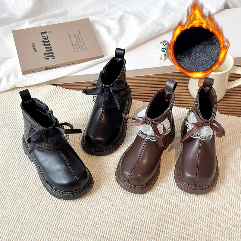 

Girls Fashion Padded Short Boots 3-18 Years Old Brown Lace Bow Kids Cotton Shoes Black Hundred Soft Children's Leather Boots
