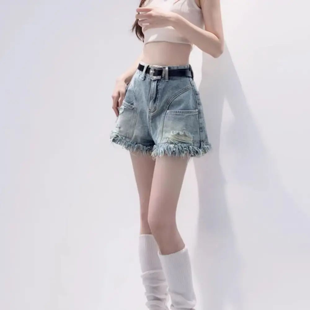 

Cute Summer Denim Shorts Tassel A Line Mini Cowboy Shorts Y2k High Waist Spicy Girl Jeans Shorts Students
