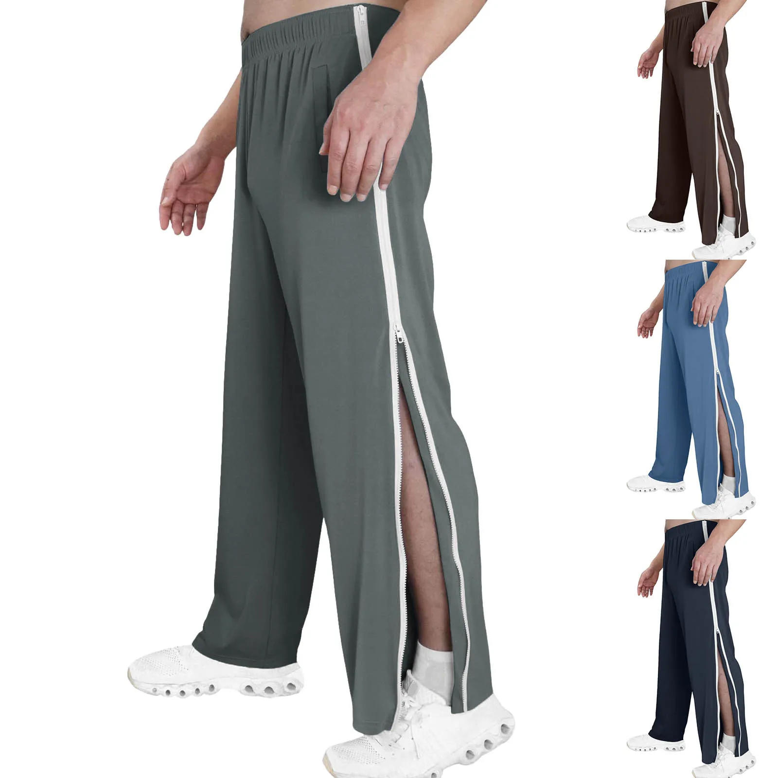 Mid-Rise Men Sweatpants Elastic Waistband Pockets Sports Trousers Splicing Color Wide Leg Side Zipper Basketball Pants