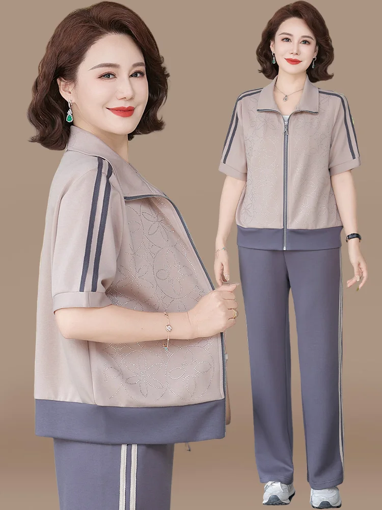 

Loose Casual Sportswear Set Summer ort Sve Top Bot Two-Piece Suit for Mom Middle-Aged Women Faionable Polyester Fiber