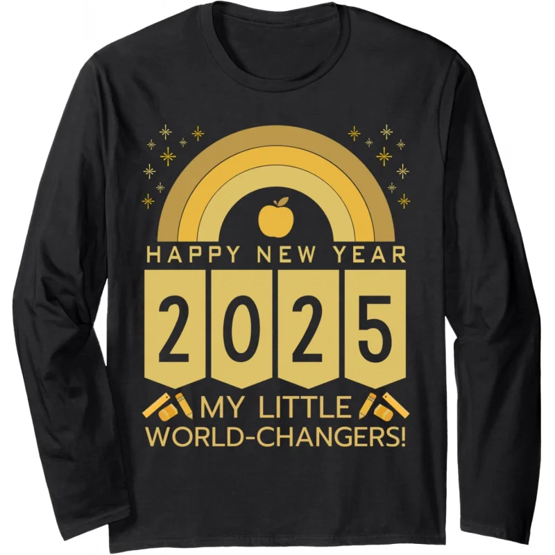 

Happy New Year 2025 Party Rainbow Apple School Teacher Gifts Long Sleeve T-Shirt