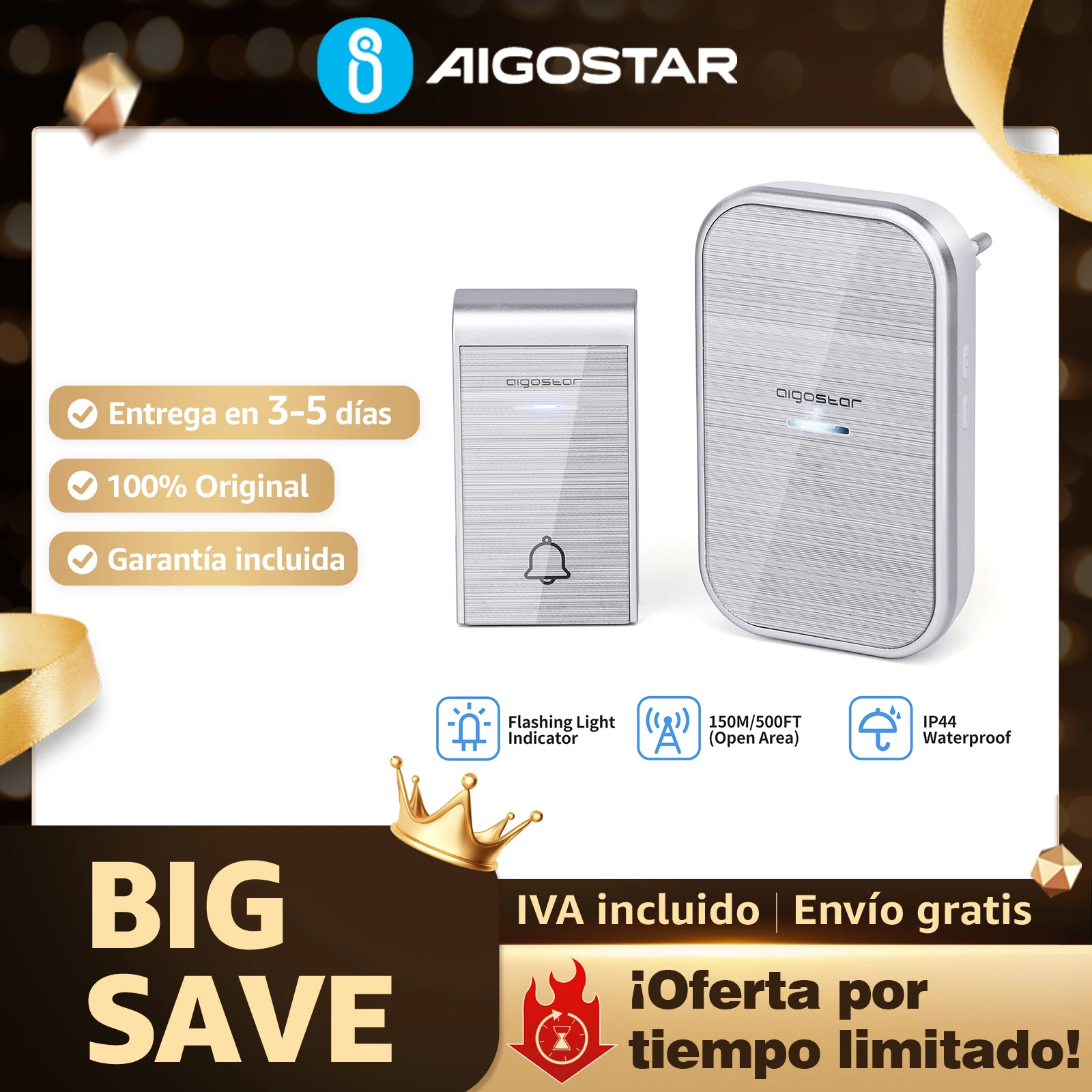 Aigostar Ring DC - Timbre inalámbrico IP44, con LED y pilas, 36 melodías, 1 receptor y 1 transmisor