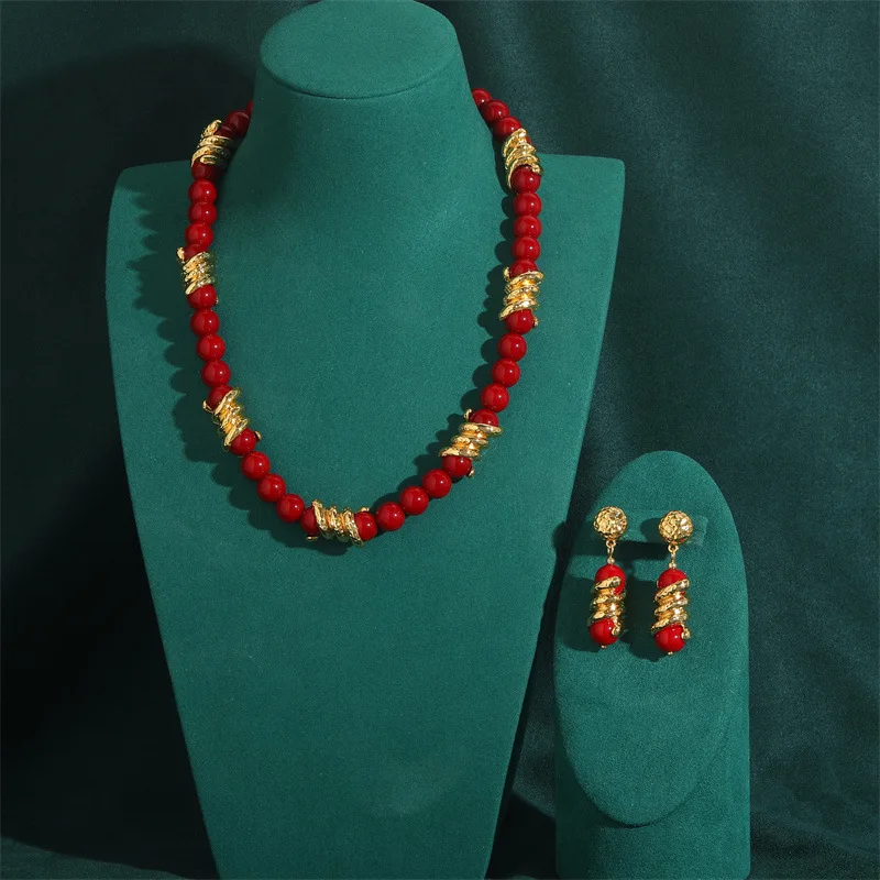 

Luxury African Jewelry Set Wedding Green Long Beaded Necklace Drop Earrings For Woman Emerald Glass Handmade Red Collar Italian