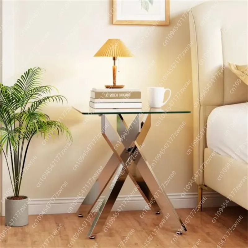 20\" X 20\" X 22.5\" Silver Tempered Glass Side Table with Intersecting Metal Base Elegant Nightstand