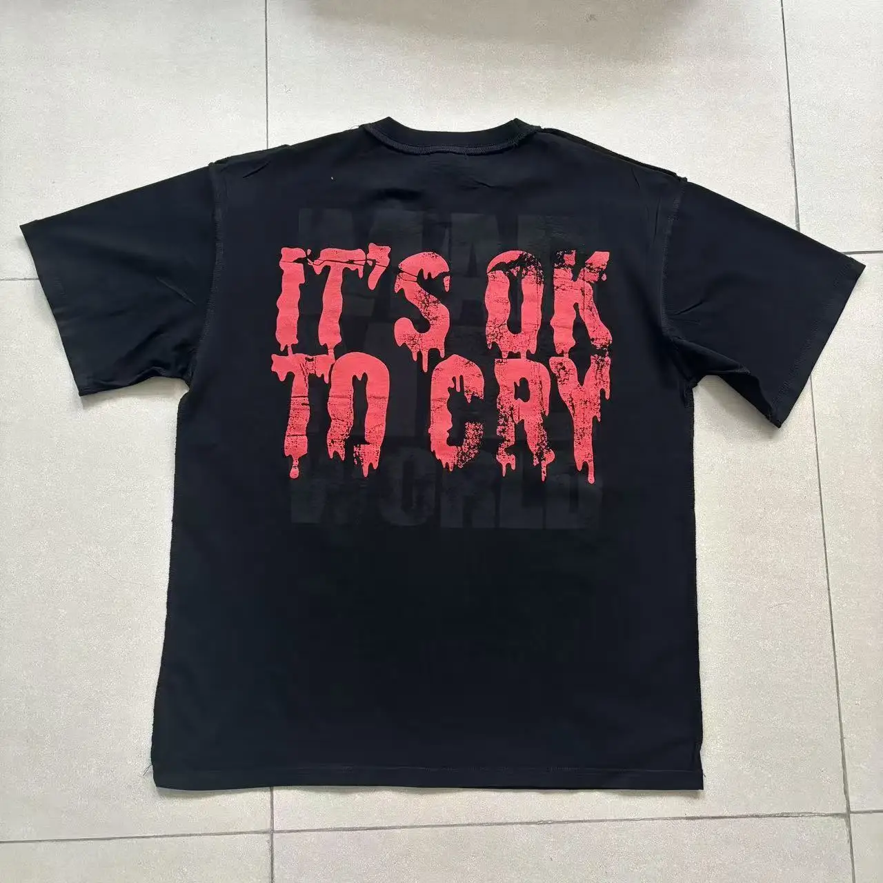 Streetwear Y2k Black Rhinestone Angel Print T-shirt Gothic Graphic Tee Vintage Washed Short Sleeve Cotton Casual Man Clothes