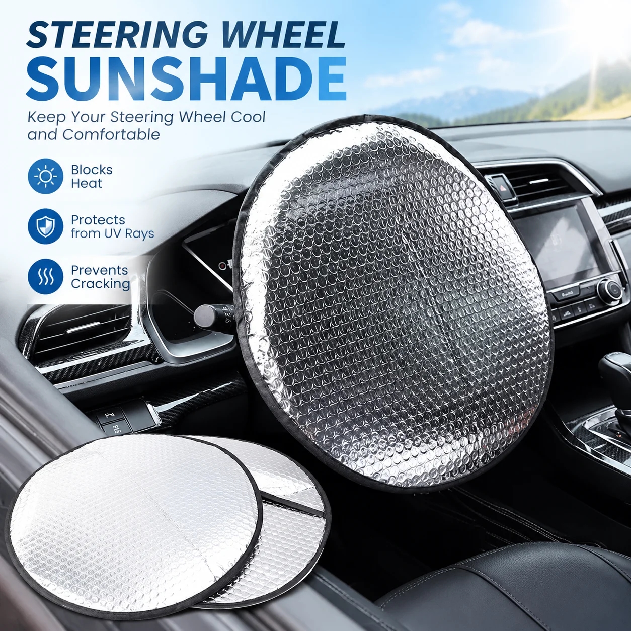 Auto Steering Wheel Thermal Isolation Sleeve, High Reflective Aluminium Foil Sun Shield, Anti-Aging UV Proof Car Accessory