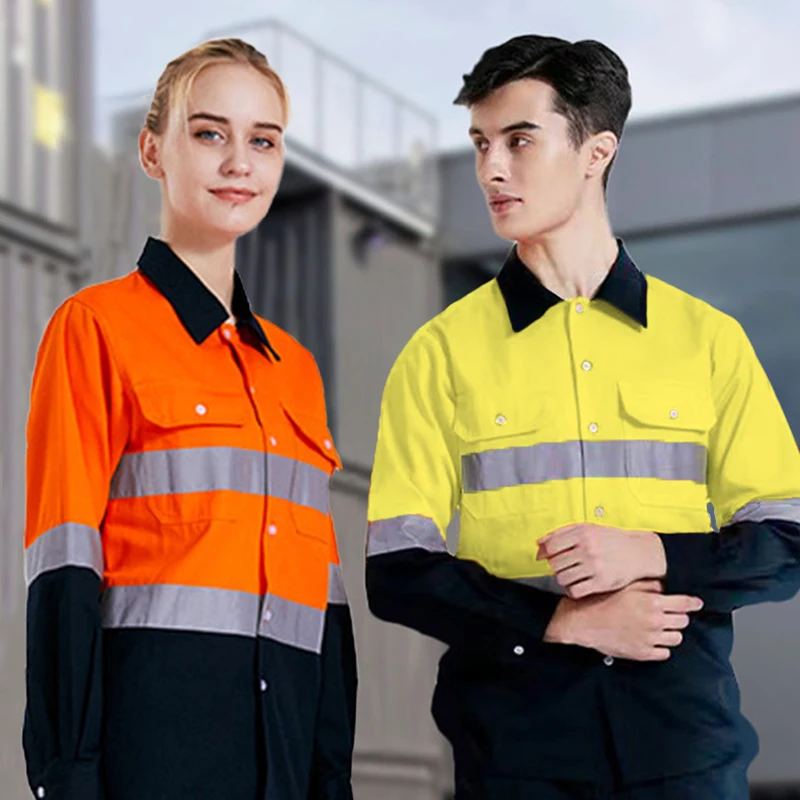 Custom LOGO Reflective Hi Vis Shirt for Men Long Sleeve Cotton Work Shirt Pockets Safety Reflective Working Shirt Workwear