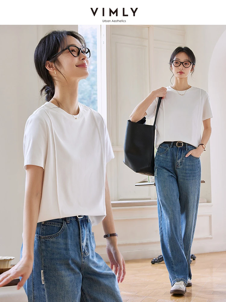 

VIMLY Short Sleeve T-Shirt Summer Women's White Tops 2025 Loose Crew Neck Antibacterial Cooling Tee Shirt Woman Clothing M9973