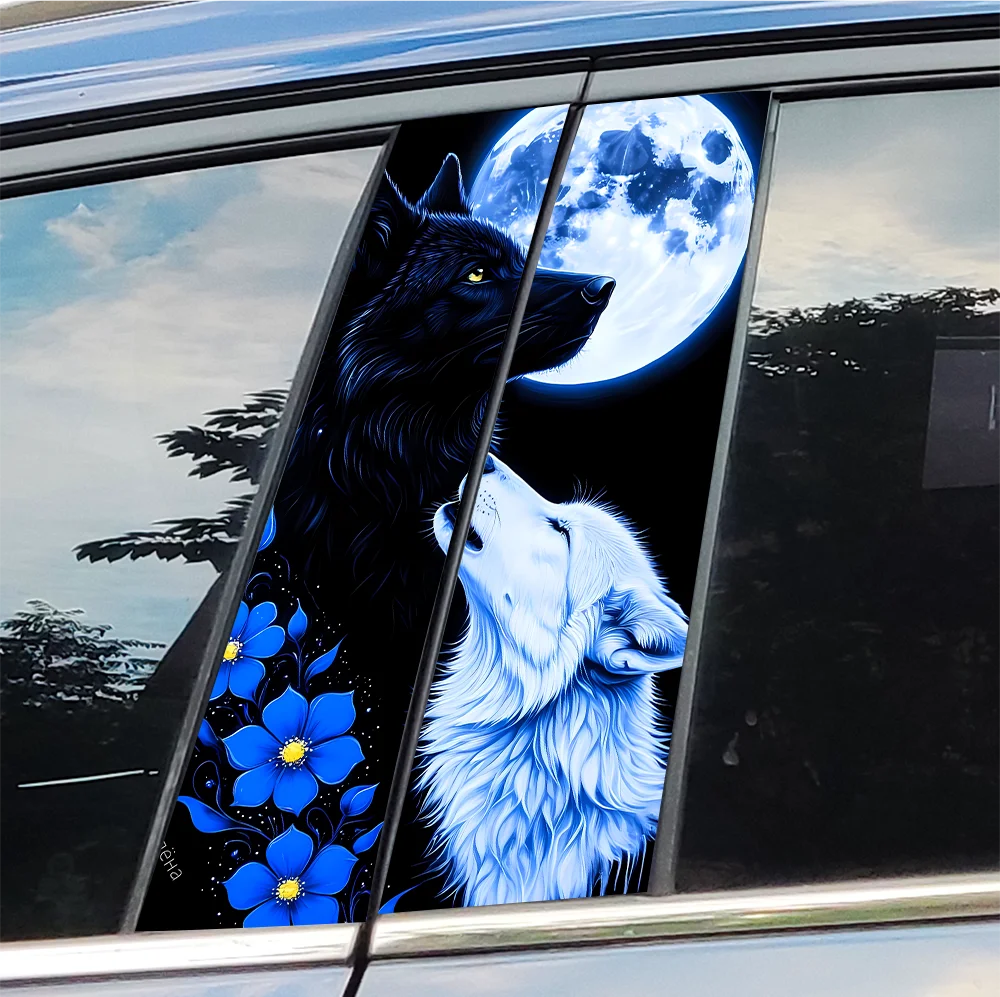 

Flower Wolf Car Stickers Moon Auto B Pillar Waterproof Decoration Cover Scratches Car Doors Pillar Sunscreen Decals Accessories