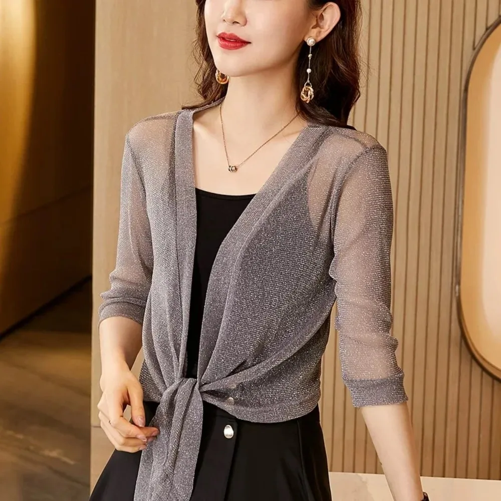 أزياء بريق التعادل حتى مفتوحة الجبهة تتغاضى شال السيدات اقتصاص الشاطئ الصيف ملابس الحماية من الشمس قميص تكييف الهواء