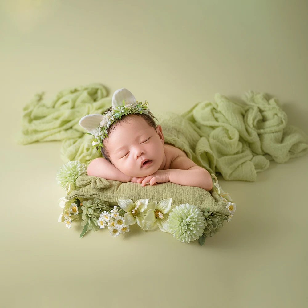 Spring Green Newborn Photography Backdrop Wrapping Theme Props Pillow  Ears Headband Floral Photo Studio Fresh Art Style Decor