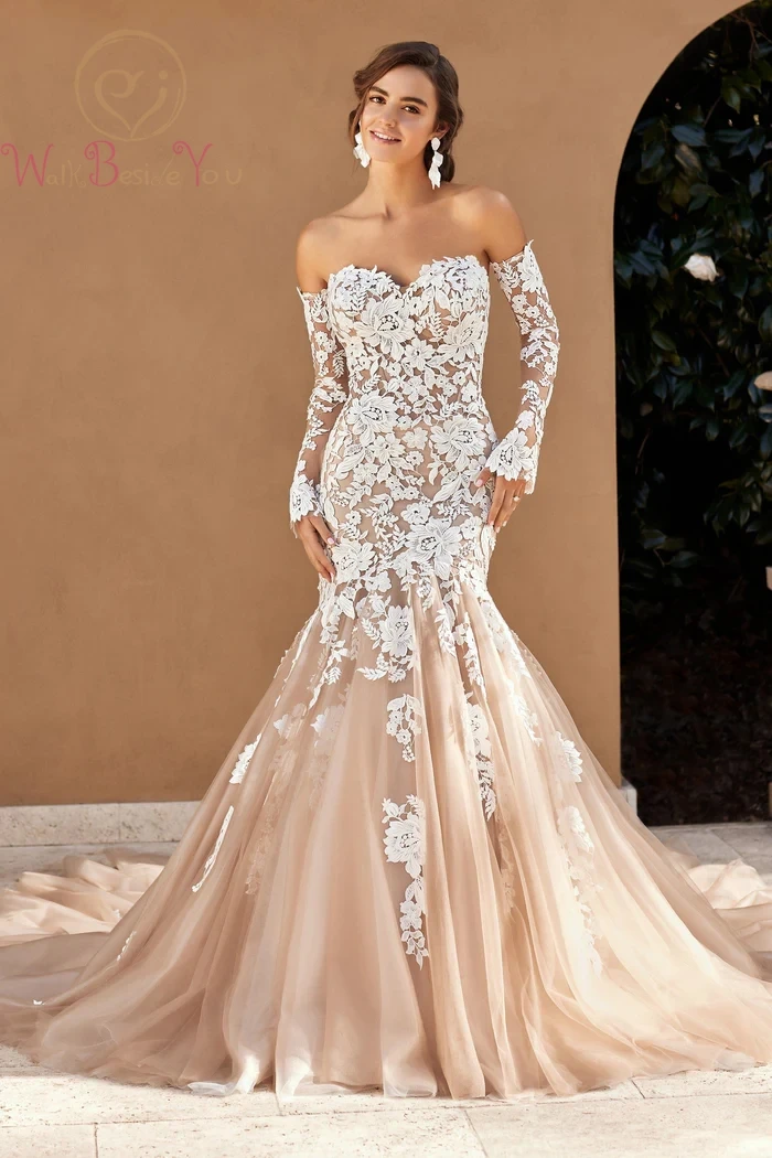 

Strapless Mermaid Wedding Dresses with Sleeves Off White Lace Appliques Nude Bridal Gowns Women Bride Dress Long Sweep Rrain