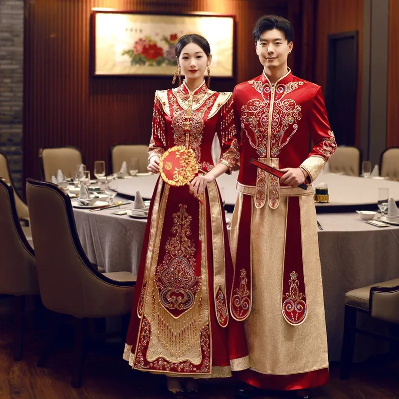 Robe de Mariée Traditionnelle de Style Chinois Cheongsam pour Couple, Tenue Classique à Paillettes, Perles, Broderie, Pompons