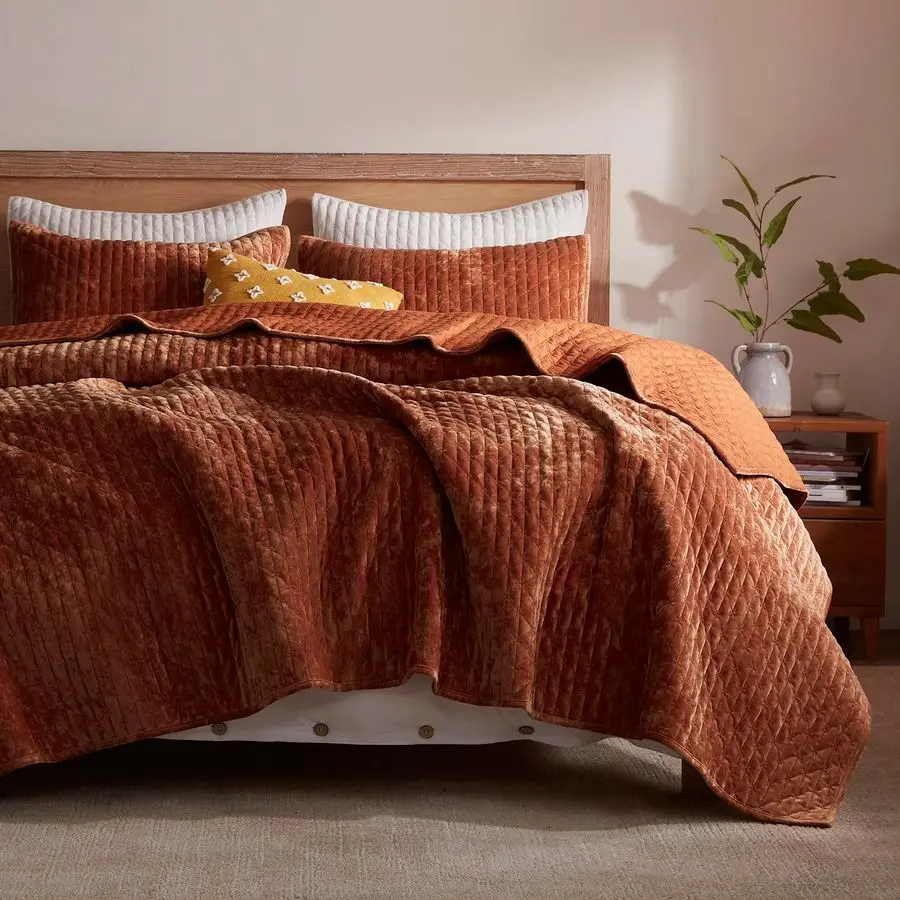 

Velvet Quilt King Size 98x106, Lightweight Burnt Orange Velvet Comforter Set with 2 Matching Shams, Soft Cross Stitch Bedspread