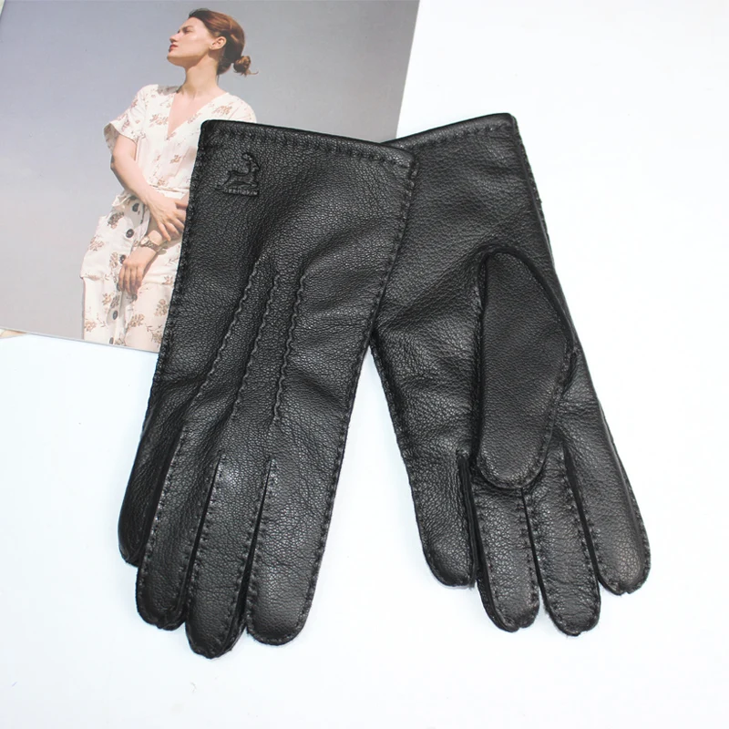 Women's deerskin gloves touch screen hand sewing process wool knitted lining breathable warm corrugated driving leather gloves