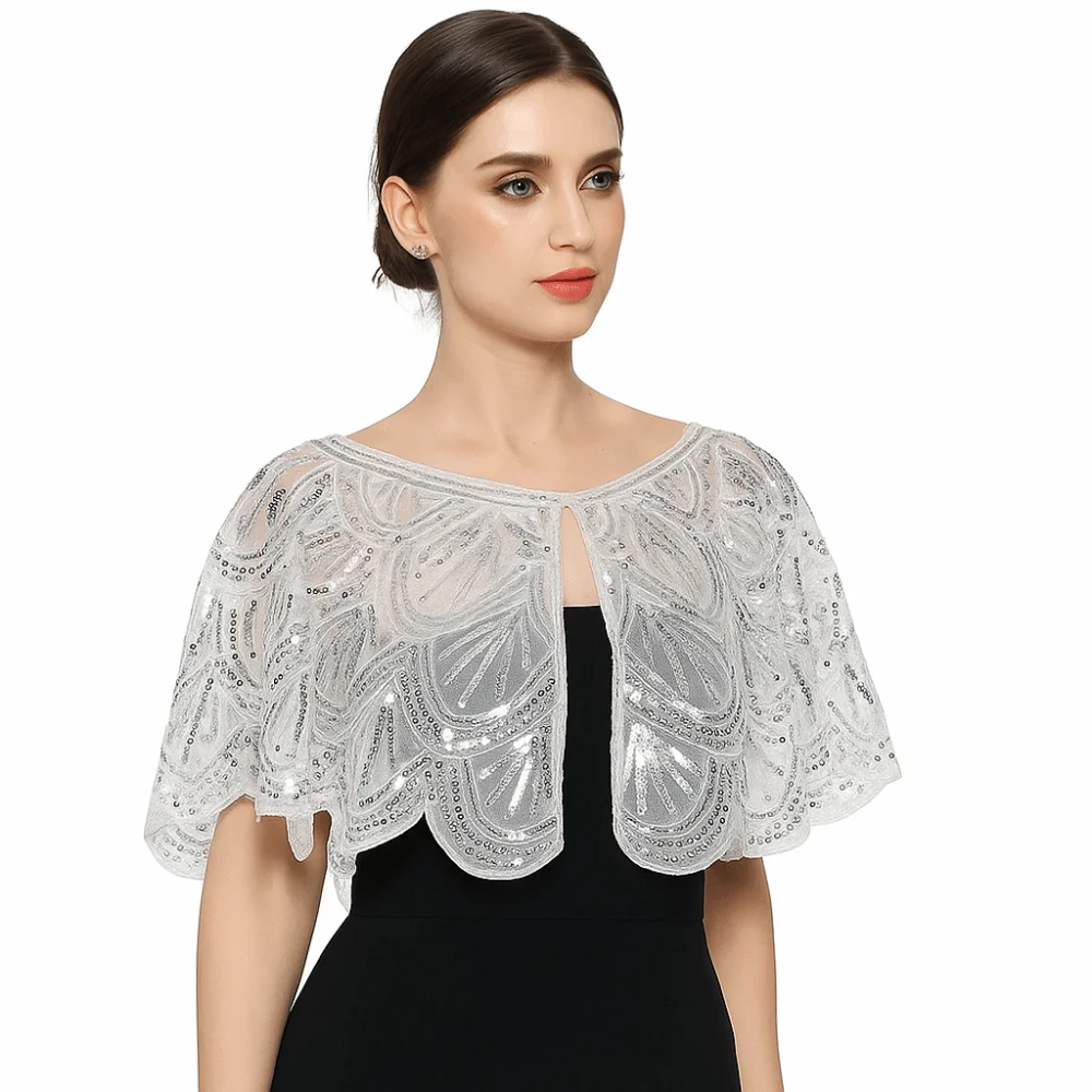 1 Stück 1920er Jahre Thema Pailletten Poncho Mantel Mehrfarbige hohle Pailletten Schals Mode kurze Rüschen Mesh Capes
