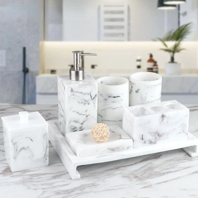 Bathroom Toiletry Set Resin Marble Toothbrush Holder Mouthwash Cup Tray Bathroom Storage Accessories Organizer Marble Set