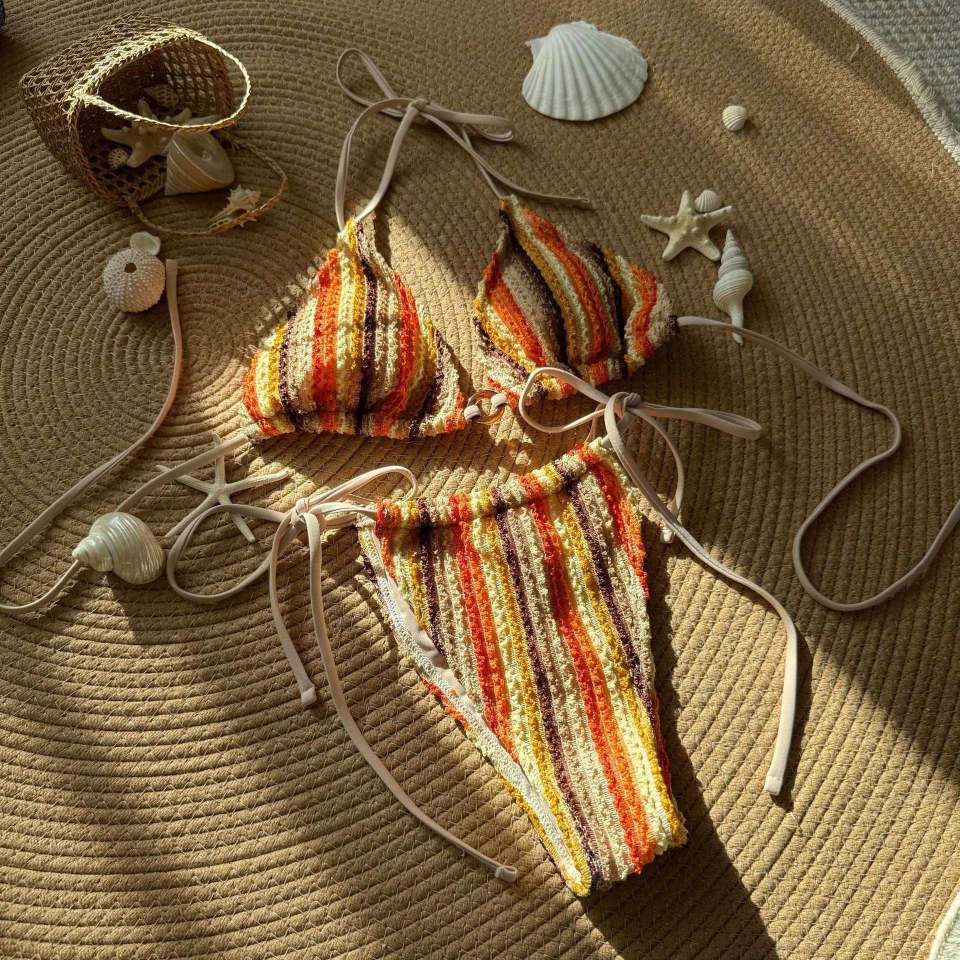 

2025 new color-blocked jacquard women's swimsuit drawstring straps beach bikini swimsuit