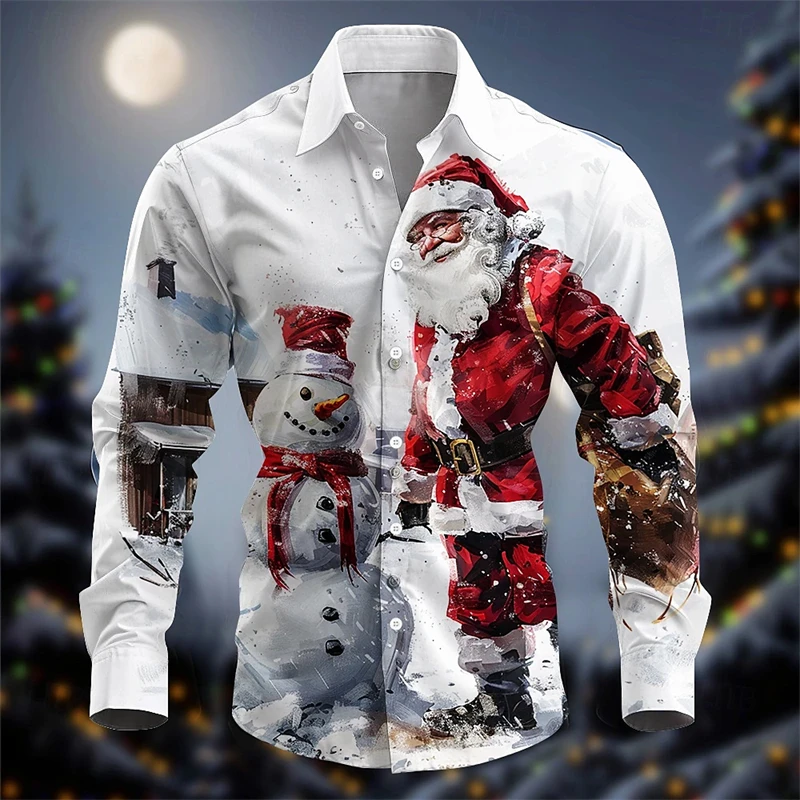 Christmas Theme Long Sleeve Shirts 3D Printed Painting Santa Claus Lapel Shirts Festival Casual Fashion Slim Streetwear Blouse