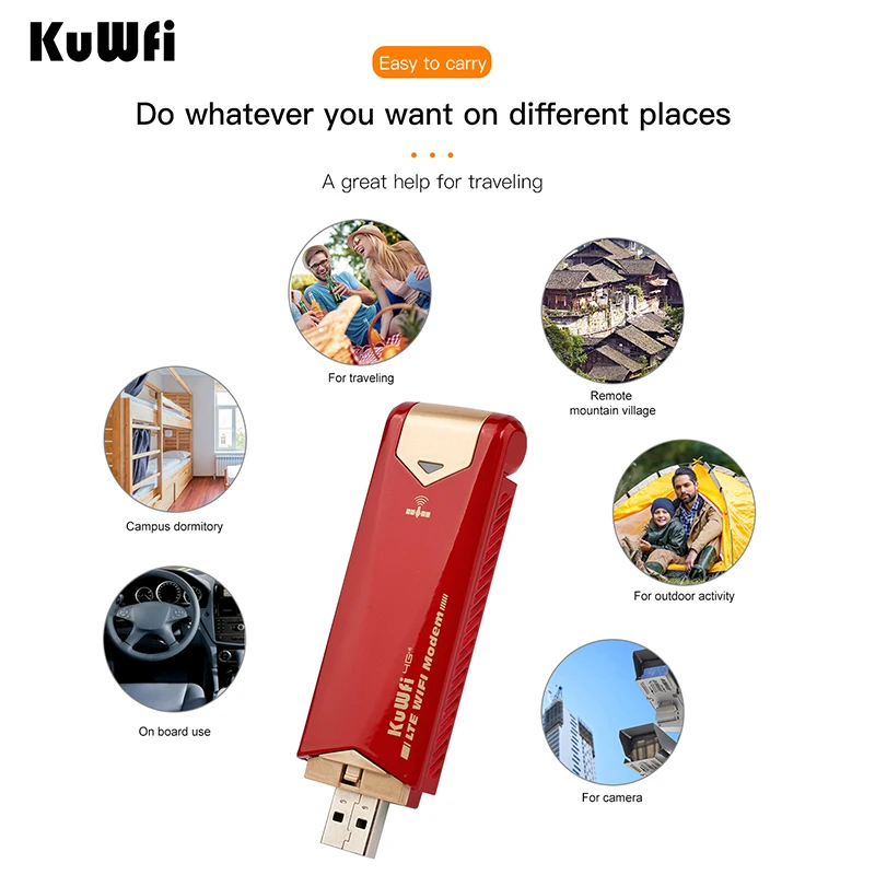 Kuwfi เราเตอร์4G LTE 150Mbps 4G ดองเกิล USB 2.4GHz เราเตอร์อินเตอร์เน็ตไร้สายโรนต์แบบพกพาขนาดเล็กในตัวเสาอากาศซิมช่องเสียบบัตรสำหรับผู้ใช้10คนขึ้นไป