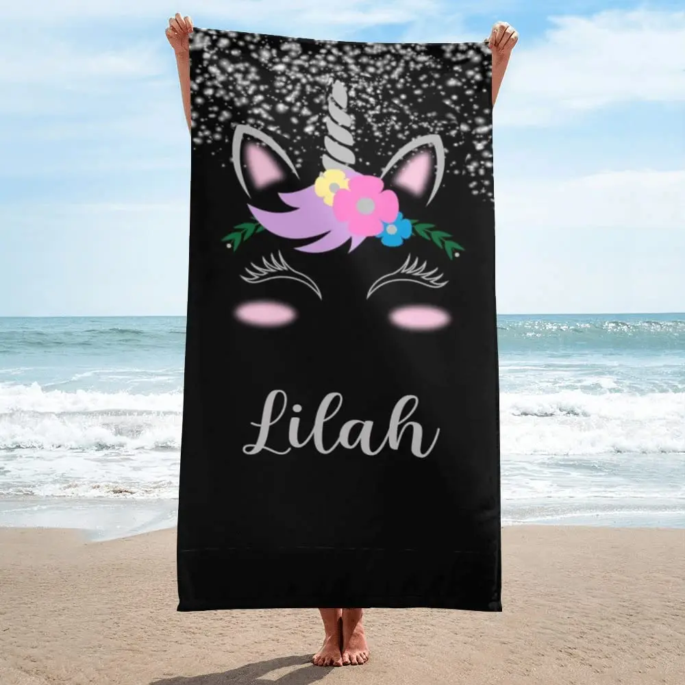 Customized Name Bath Towels Cartoon Unicorn Beach Towel Bathroom Sport Towel for Adult Kids Microfiber Quick Dry Swimming Cover