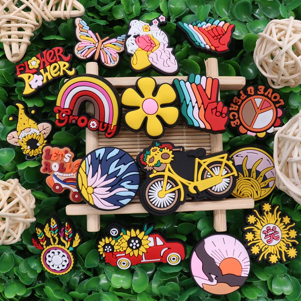 High Quality 1-17Pcs Rainbow Flower Power Colorful Garden Shoes Buckle Charms Kids Decorations DIY Phone Case Birthday Gifts