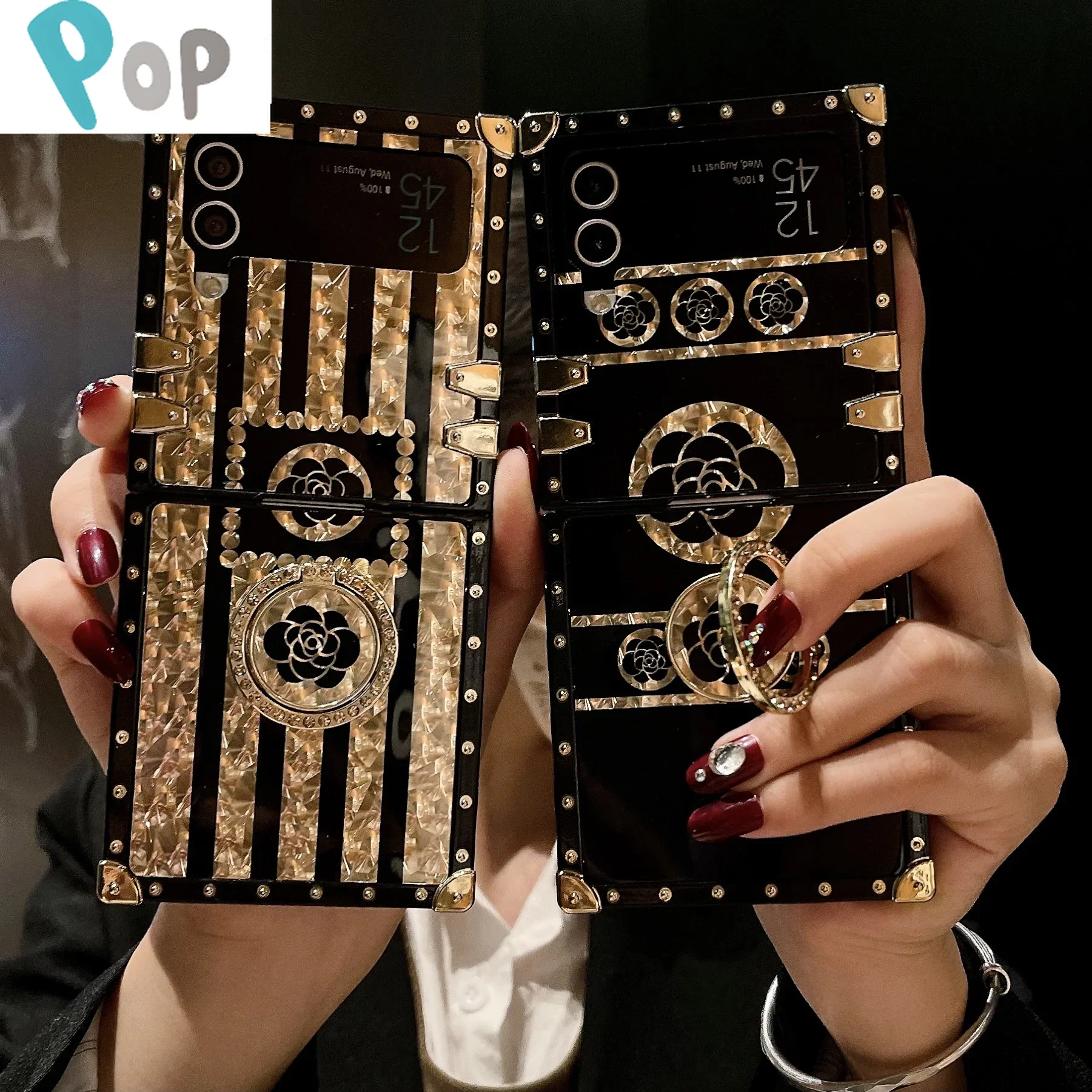 Luxury Platinggold Glitter Camellia Rivet Square Phone Case For Samsung Galaxy Z Flip 4 3 5G Bling Rhinestone Ring Bracket Cover