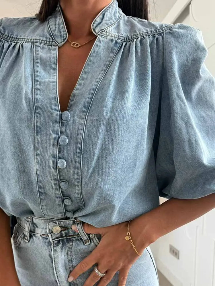 

Denim Loose Single Breasted Commuting Shirt Elegant Comfortable Breathable Top Casual Lady V Neck Lantern Sleeves Autumn T-shirt