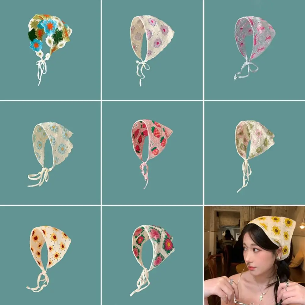 

Sweet Knitted Triangle Headband Crochet Handmade Girl Flower Headscarf French Pastoral Style Hollow Beach Vacation Hair Access