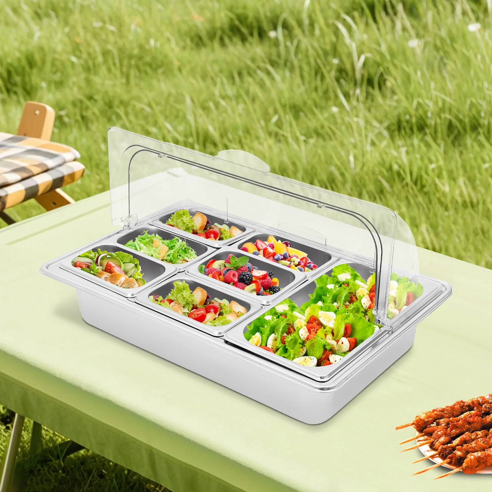 

Food Serving Display Container, Stainless Steel Buffet Food Serving Tray with Clear Roll Top Cover