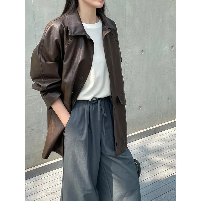 Vintage Brown Pu Leather Jacket Women Lapel Loose Raglan Sleeve Single Breasted Mid Length Coat