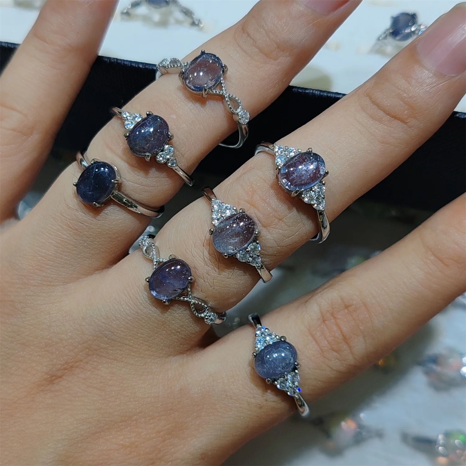 

40pcs/lot White copper alloy 925 silver inlaid natural iolite ring Gifts for women Shanks size Adjustable Stylish sophisticated