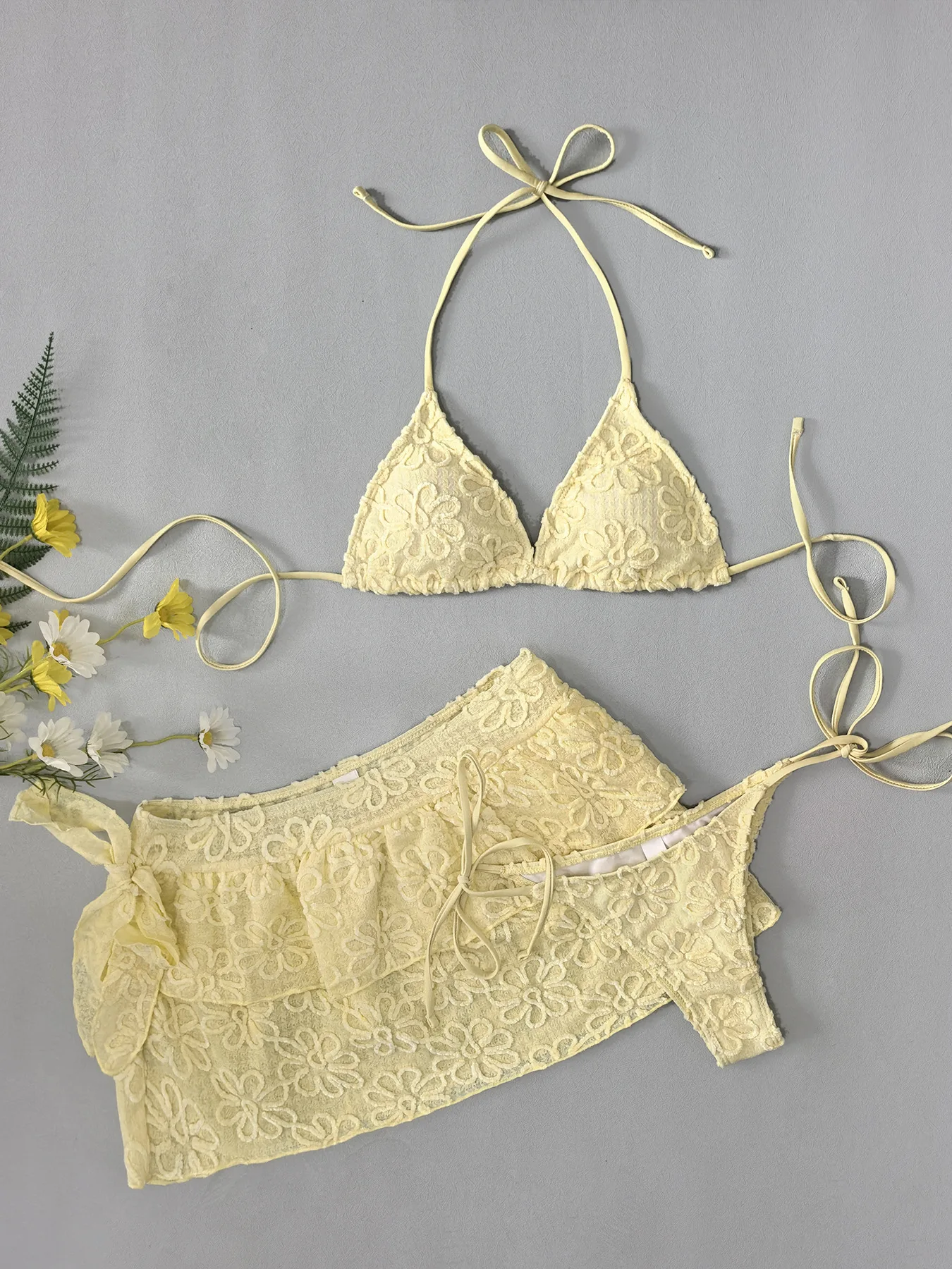 Sexy Yellow Pleate Skirt 3 Piece Bikini Set 2026 Women Summer 3D Flower Push Up Bra Thong Swimsuit Holiday Bathing Suit Swimwear