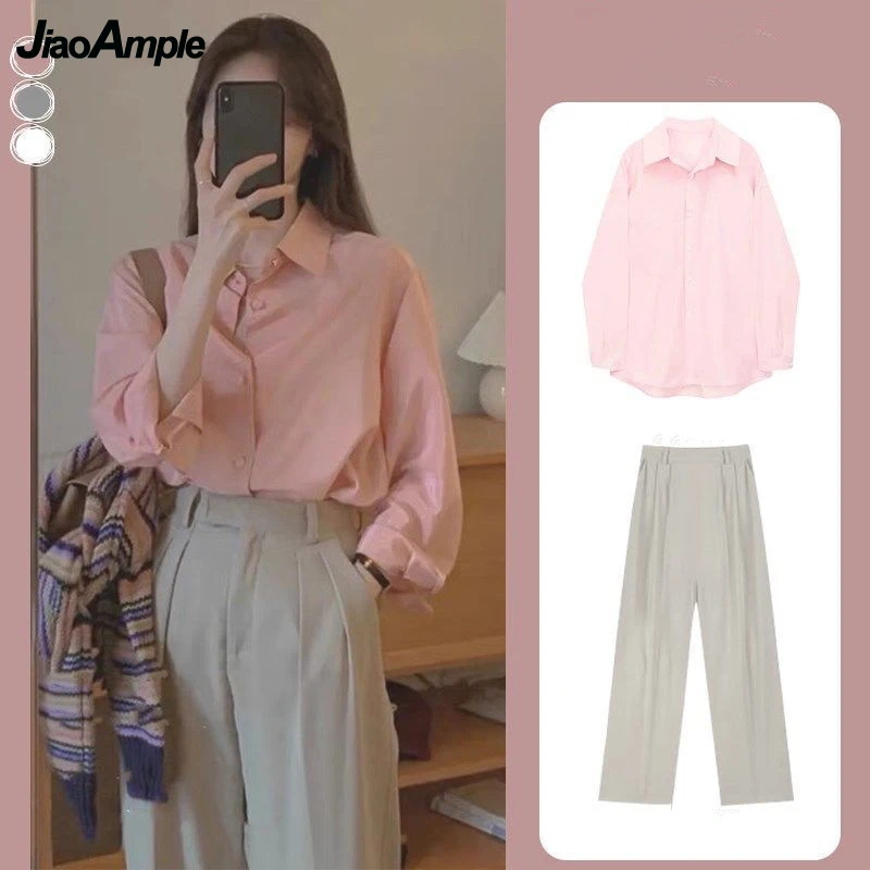 2022 Spring Autumn Women's Pink Shirt Long Pants 1 or Two Piece Set Korean Office Lady Graceful Blouse Straight Trousers Outfits