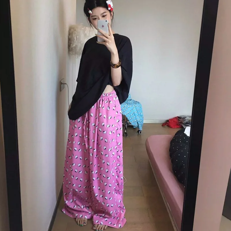 Miniso Hello Kitty Wide Leg Pajamas Pants Cotton Plus Size Loose Outwear Pants Girls Cute Kitty Printed Trousers Women Clothing